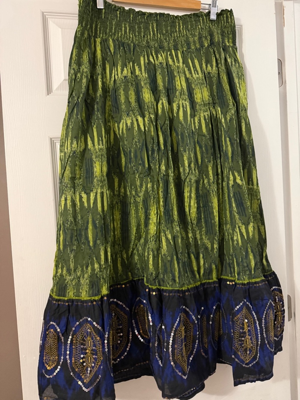 Lane Bryant Green Printed Maxi Skirt with Navy Embellished Hem